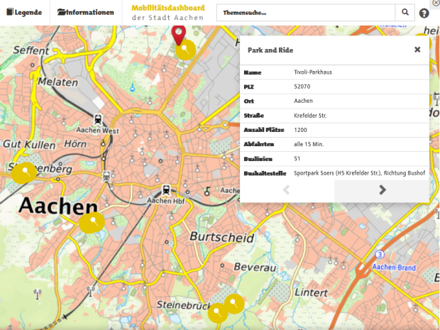 Karte P+R-Plätze in Aachen