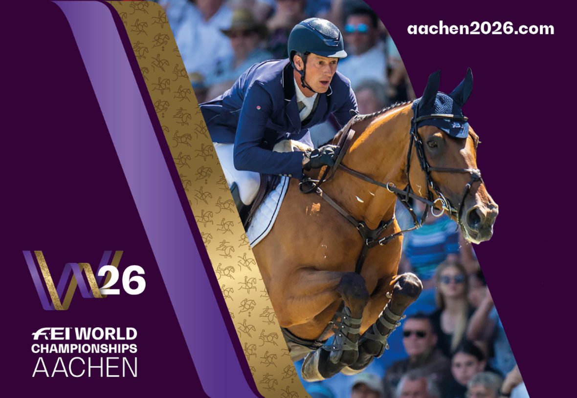 A mock-up for the 2026 World Equestrian Games in Aachen with the inscription "FEI World Championships Aachen". The image is a composition of a purple-colored graphic and a real photo of a show jumper with a horse.