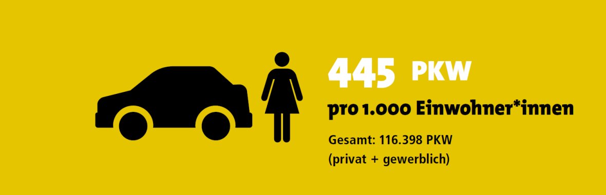 Graphic with a car and a woman next to it and the text: 445 cars per 1000 inhabitants. Total: 116398 cars (private + commercial)