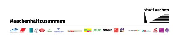 Logos of the groups supporting the Aachen Appeal: #aachenhältzusammen, Stadt Aachen, Aachener Friedenspreis e.B., DGB, Bistum Aachen, Evangelischer Kirchenverein, Islamische Religionsgemeinschaft, Jüdische Gemeinde Aachen, CDU, DFP, Grüne, Die Linke, SPD, Volt, Piraten, UWG, Demokratie leben!, NRWeltoffen, center for antisemitism and racism studies, Evangelisch in Aachen, Kirche gegen Rechts