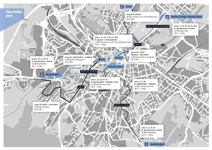 Map of Aachen with the designation of Park&Ride lots: Waldfriedhof in the south, Westfriedhof in the west and Jülicherstraße at the corner of Berliner Ring in the northeast