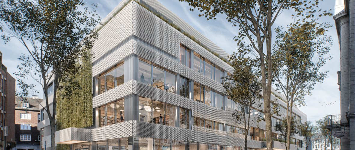 Exterior façade with aluminum cladding from the perspective of Büchel and Komphausbadstrasse