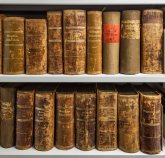 A shelf filled with antique books