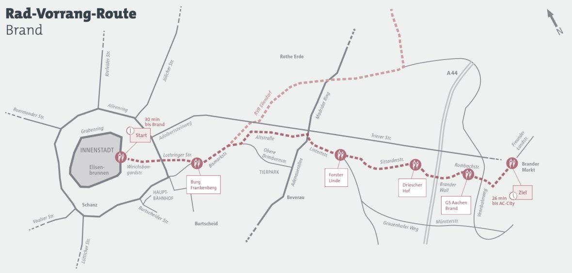 planned rare priority route from Aachen-Mitte to Brand