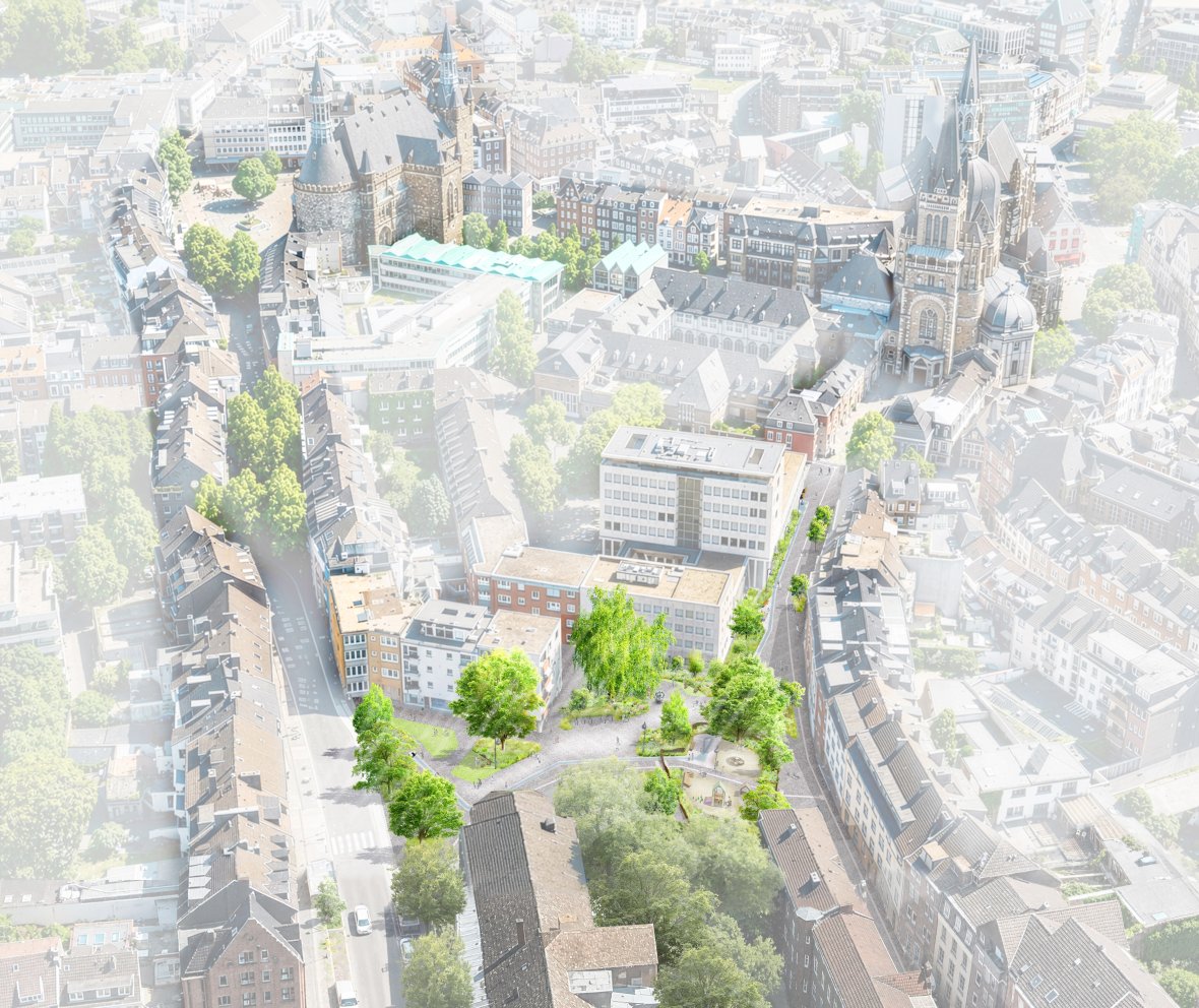 Rendering of the redesign of Klappergasse Rennbahn. It shows a new park, several trees, and the cathedral in the background.