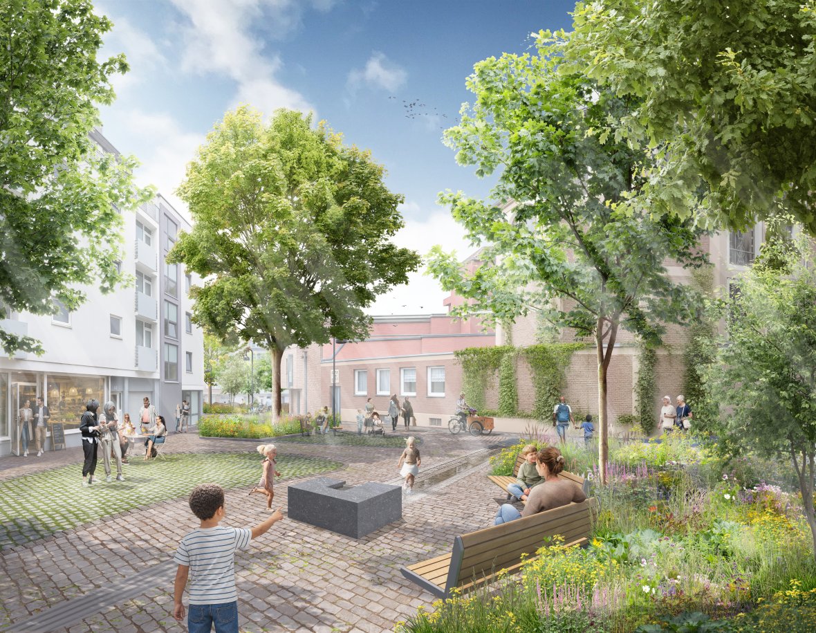 Frontal view of a rendering. It shows the redesign of Klappergasse Rennbahn, featuring tree islands and various plants. In the foreground, children are playing with the water feature.