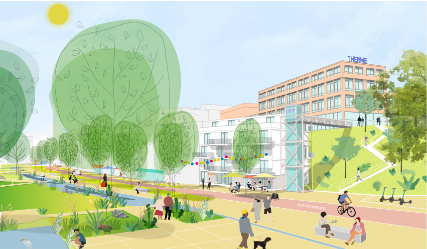 Graphic representation of a park with people and trees