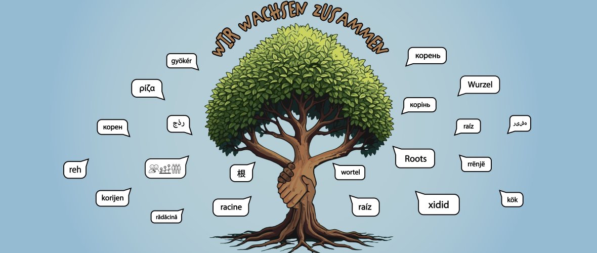 Graphic representation of "We are growing together" in the form of a tree, with the treetop and the roots shaking hands. The graphic is surrounded by speech bubbles with the word "root" in different languages.