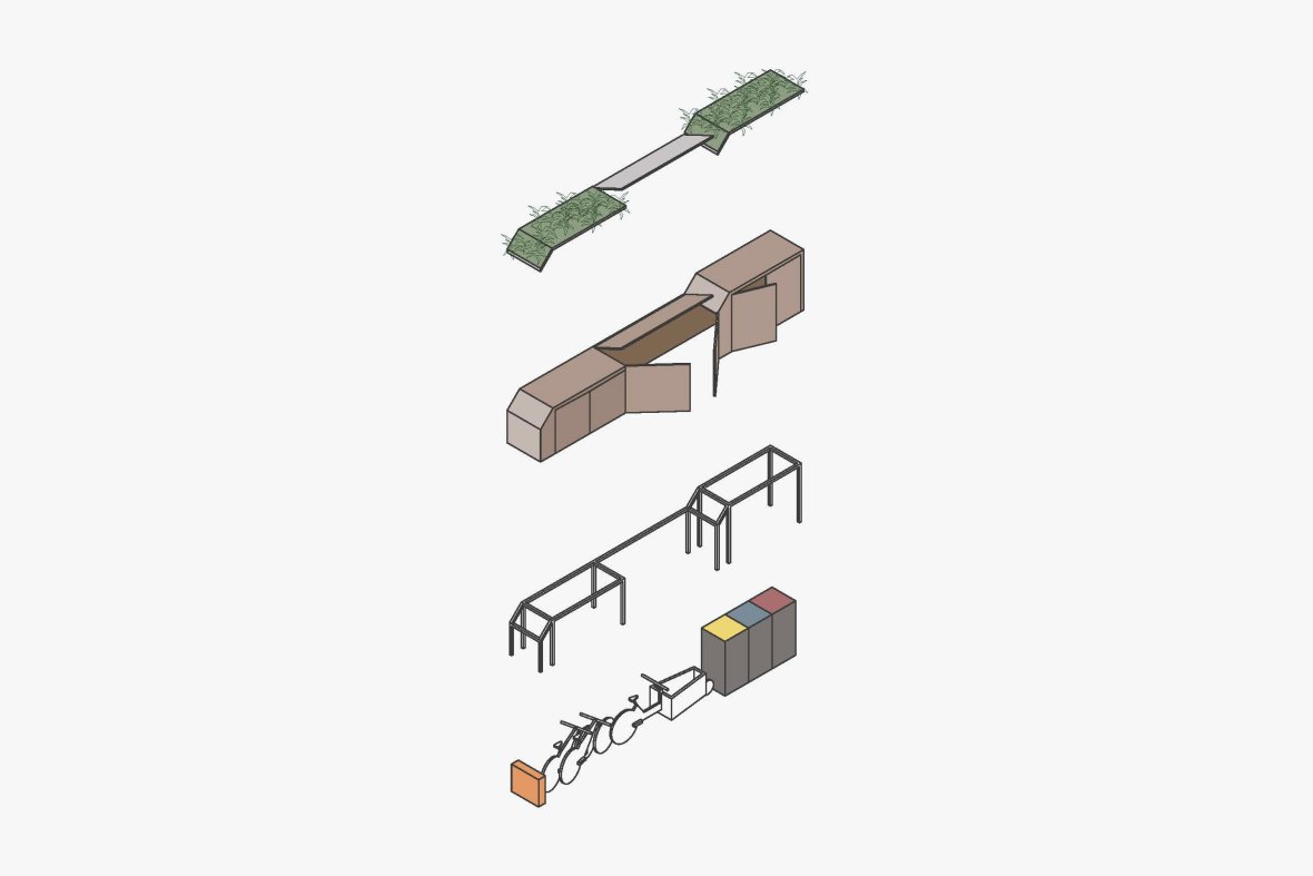 Sketch of a bicycle shed for the home gardens with various options.
