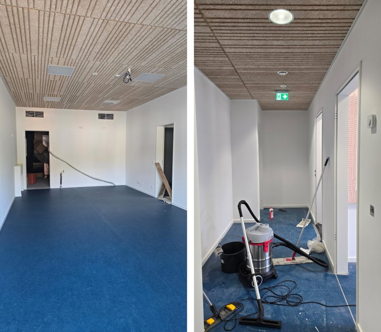 The staff room shortly before completion and, on the right, the final cleaning of the staff area.