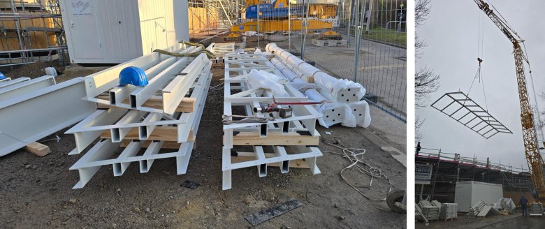 Steel components are ready for installation and are waiting to be positioned by crane.