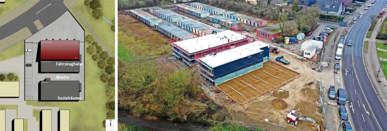 The building concept of the container facility for the interim guardhouse and a picture of the construction phase.