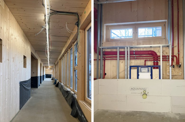 The screed work on the upper floor has been completed. The picture on the right shows the progressing work on the coffering on the upper floor.