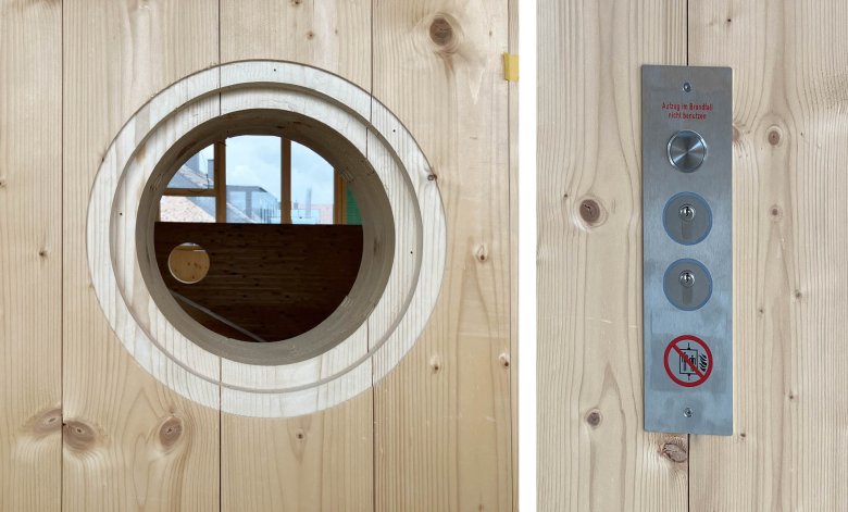 The "porthole" is fitted with glazing for fall protection, for which a recess was milled. The installed elevator switch can be seen on the right.