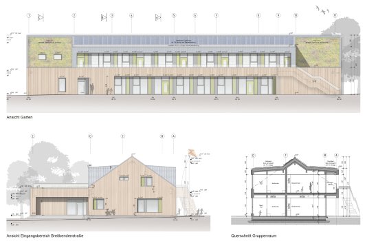 Views and a cross-section of the Breitbendenstraße daycare center.