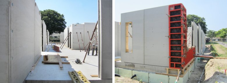 The floor slab has been set in concrete. The perimeter insulation has been installed. The filigree walls for the first floor have been delivered and installed.