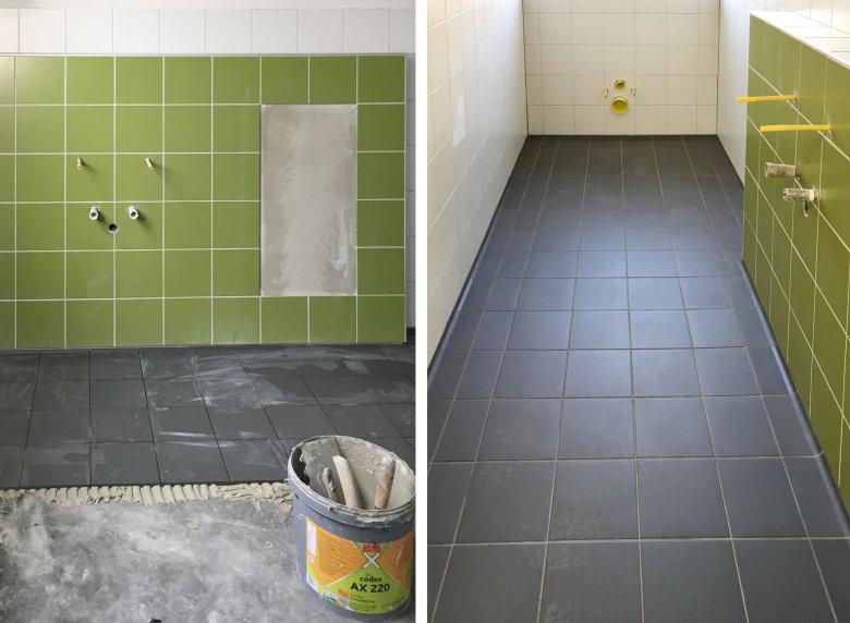 The tiling work is progressing.