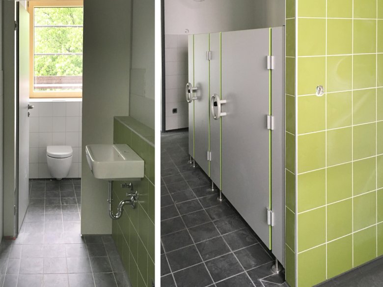 The toilet partitions have been delivered and installed.