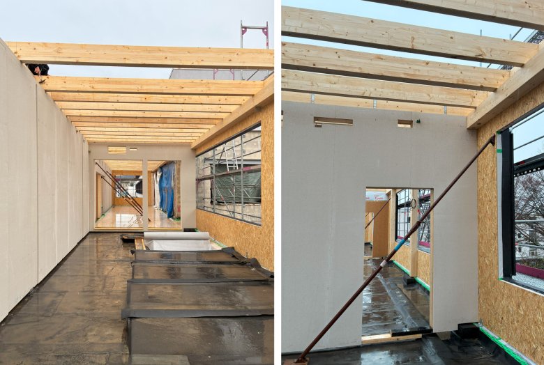 Classroom and corridor area with roof beams