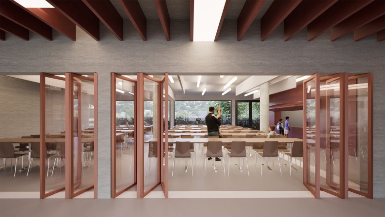 Folding wall and view into the canteen