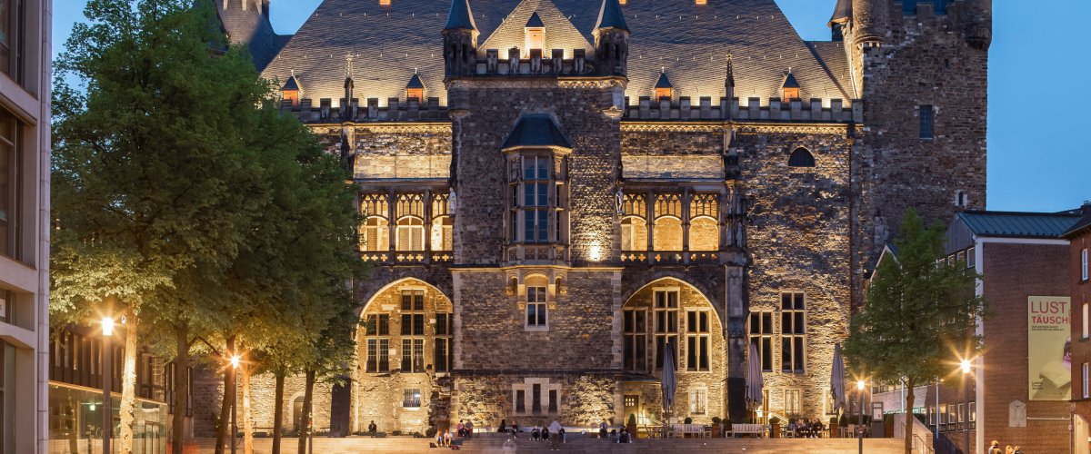 Aachen Town Hall The town hall of Aachen at dusk. View from the Katschhof.