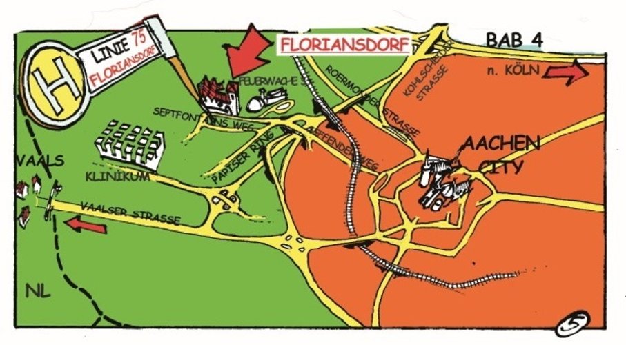 A simplified sketch to better explain how to get to Floriansdorf. It shows the highways as well as access to public transportation.