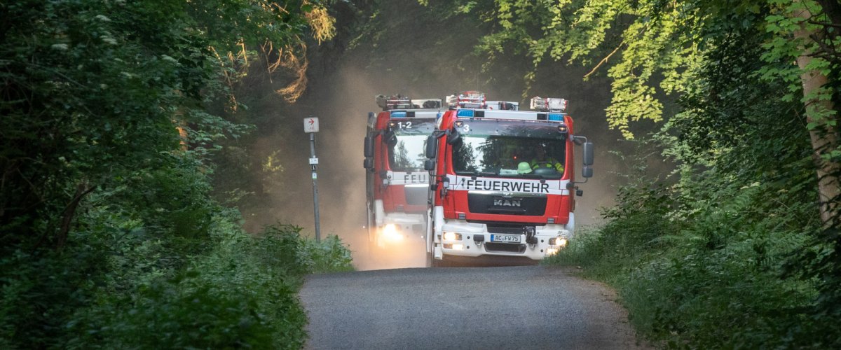 Fire engines on the way Two fire engines are on their way to a scene. The route leads through a small wooded area with many trees to the right and left.