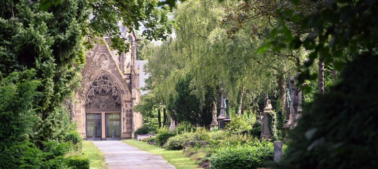 Path between green trees and hedges, in the back of the picture the entrance to a crypt hall
