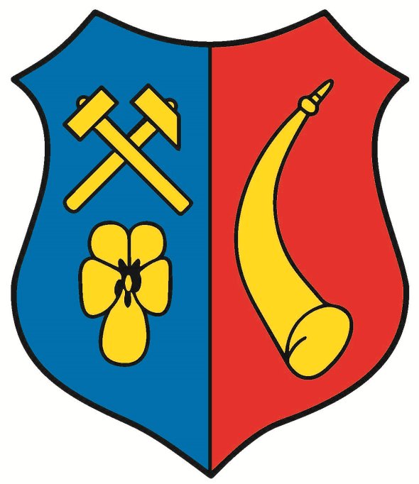 It is vertically divided into two parts and shows two crossed mining tools on a blue background on its left (heraldically right) side and a stylized galmei violet below, while the right (heraldically left) side shows a cornelian horn on a red background. The cornelian horn refers to the former affiliation of Eilendorf to the imperial abbey of Kornelimünster, while the mining tools and the galmei violet refer to the many years of mining in Eilendorf.