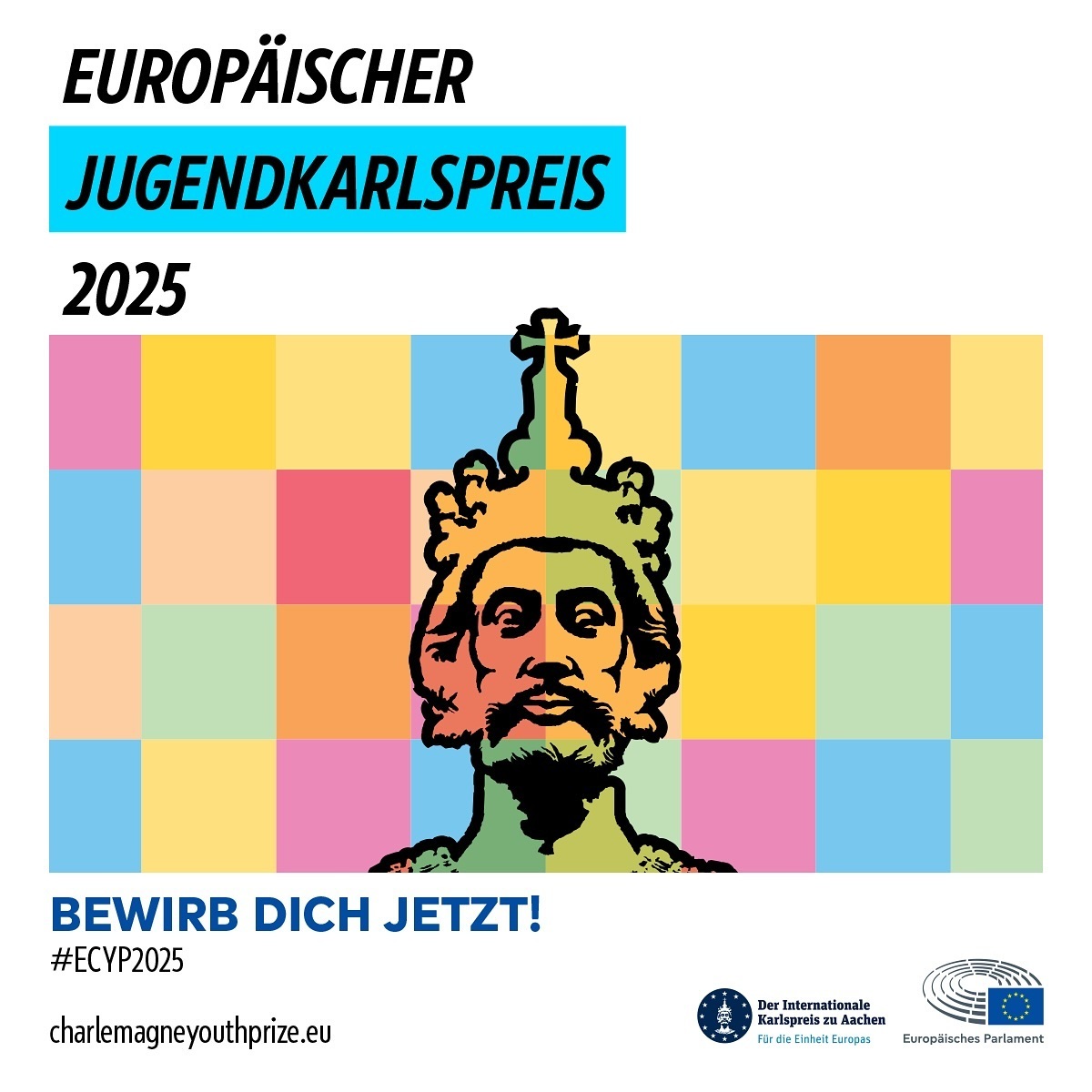 Logo of the Jugendkarlspreis: Bust of Emperor Karl in front of colorful tiles.