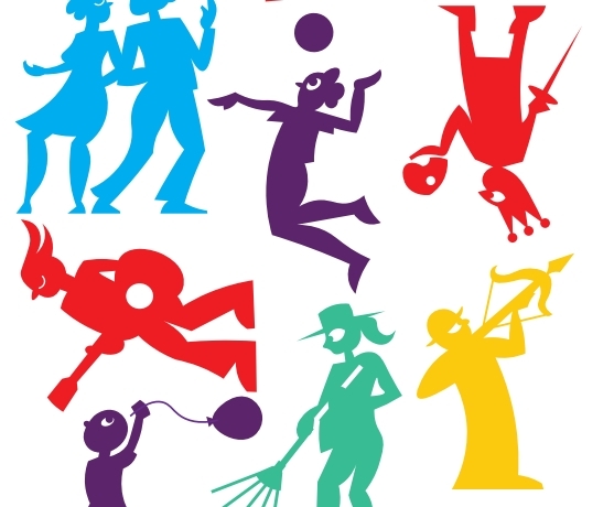 Colorful figures that dance, do sports, play and make music.
