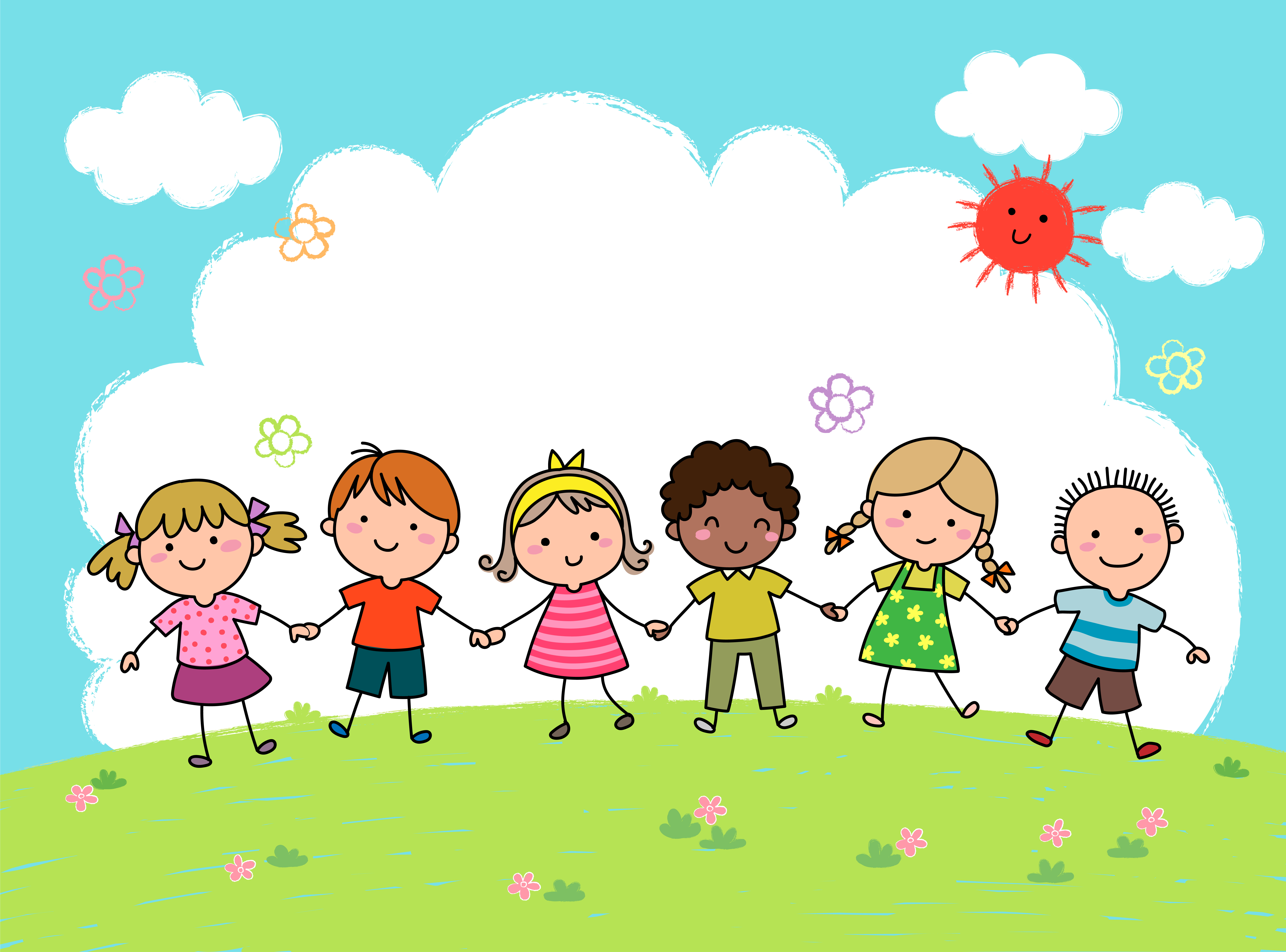 Hand-drawn cartoon of children holding hands outdoors Hand-drawn cartoon of children holding hands outdoors