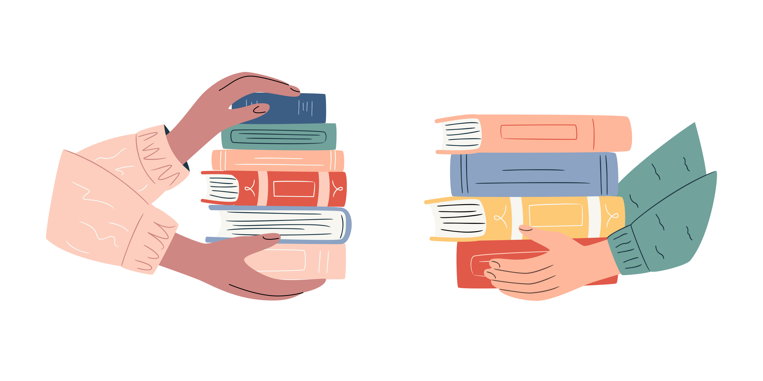 Various hands holding colorful books. Book swap event, cultural festival. Concept for book donation and exchange. Vector banner for education and community sharing