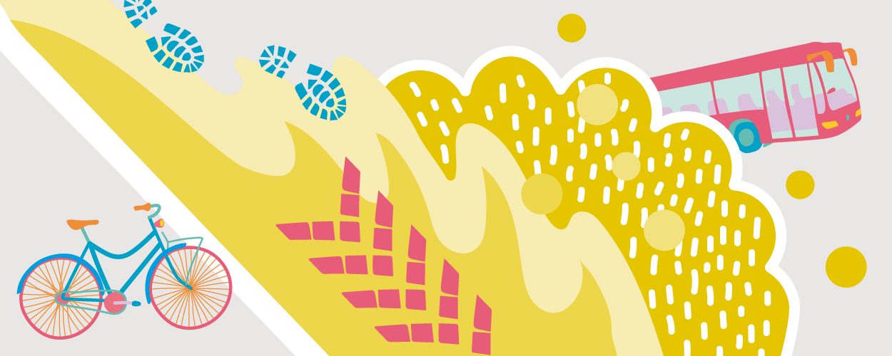 Colorful illustration with patterns, bus and bicycle.