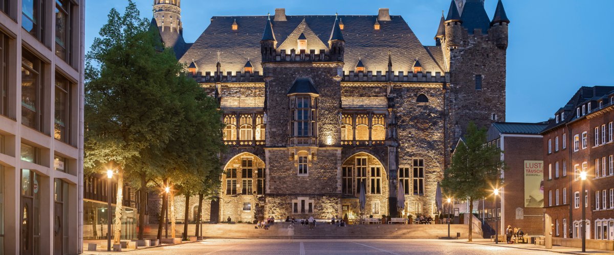 The town hall of Aachen at dusk. View from the Katschhof.