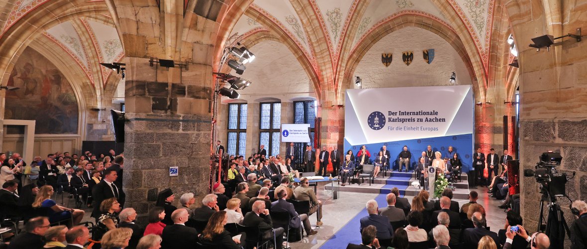 Charlemagne Prize ceremony 2023 in the Coronation Hall with stage and audience.