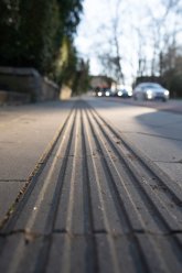Barrier-free mobility View of a marking on the sidewalk of Ludwigsallee for visually impaired people.