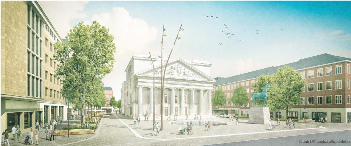 Sketch of Theaterplatz with fountain, lots of trees, no traffic and lots of people