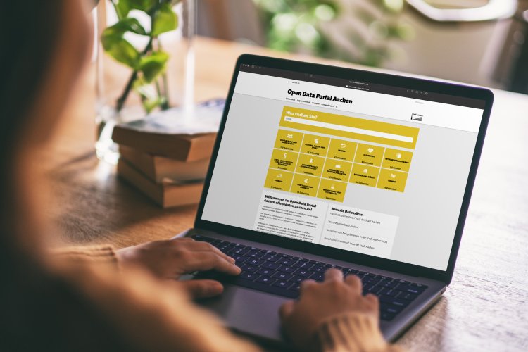 A woman using a laptop and opening the Opendata portal page.