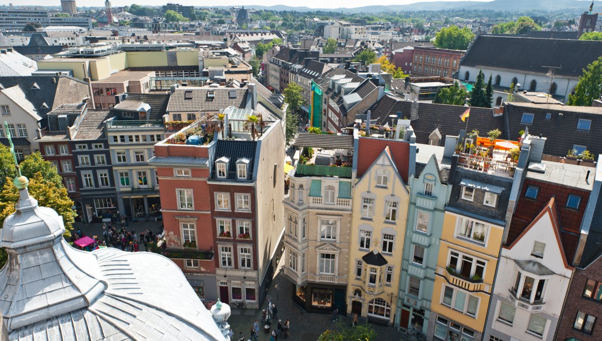 Historic city center photographed from above with a view of Münsterplatz.