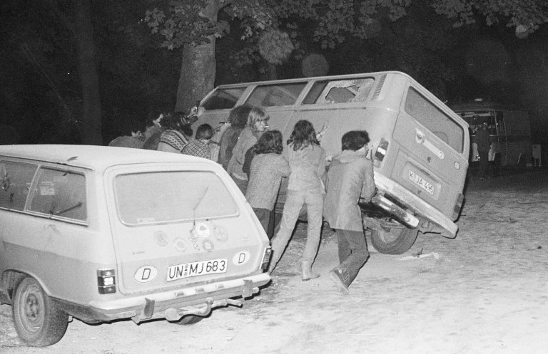 Occupiers of the Johannes Höver House overturn a vehicle belonging to the mobile squad deployed against them, 1981