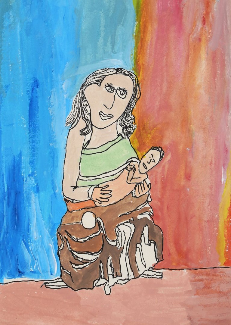 04_Sürejja Durovska, Maria with baby, 2024, fineliner and acrylic on paper, on loan from Lebenshilfe Aachen Werkstätten & Service GmbH