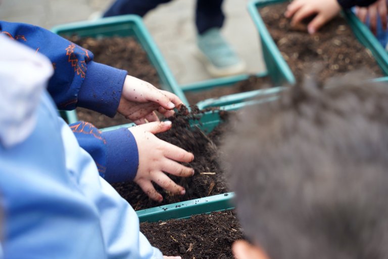 Children's hands fill flower boxes with soil