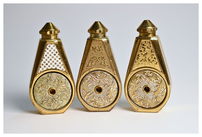 Perfume atomizer for the handbag "Le Weekend", brass, Marcel Franck, launched in 1948