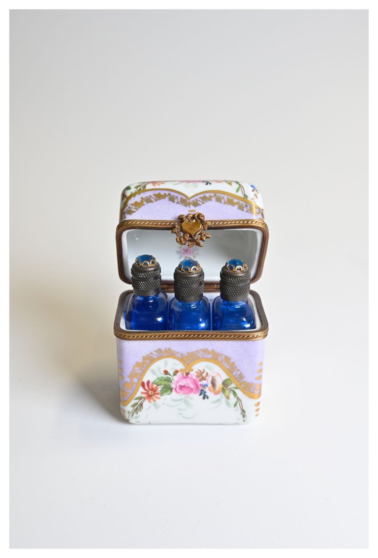 Limoges box with three perfume bottles, France, around 1970