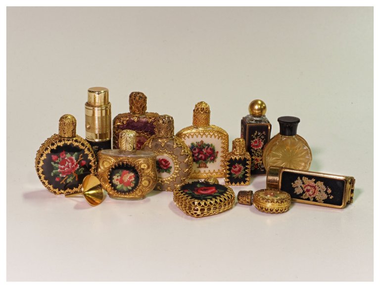 Perfume bottles with Petit Point embroidery, 1950s