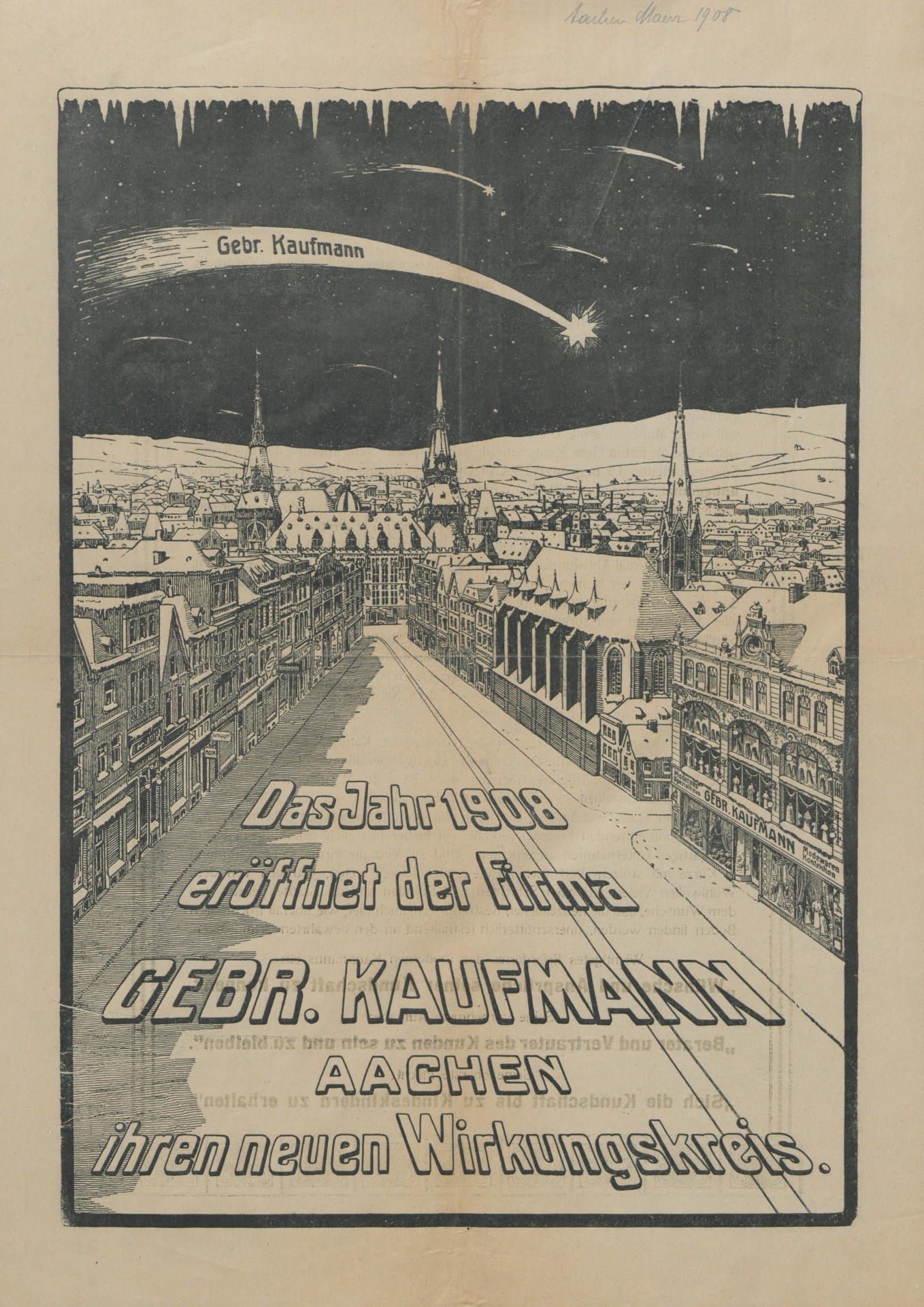 Historical advertisement in black and white shows Großkölnstraße in idealized form as a wide shopping street with numerous small stores, running straight towards the town hall façade with its two massive towers. Several comets are emblazoned in the night sky, the largest bearing the name "Gebr.
