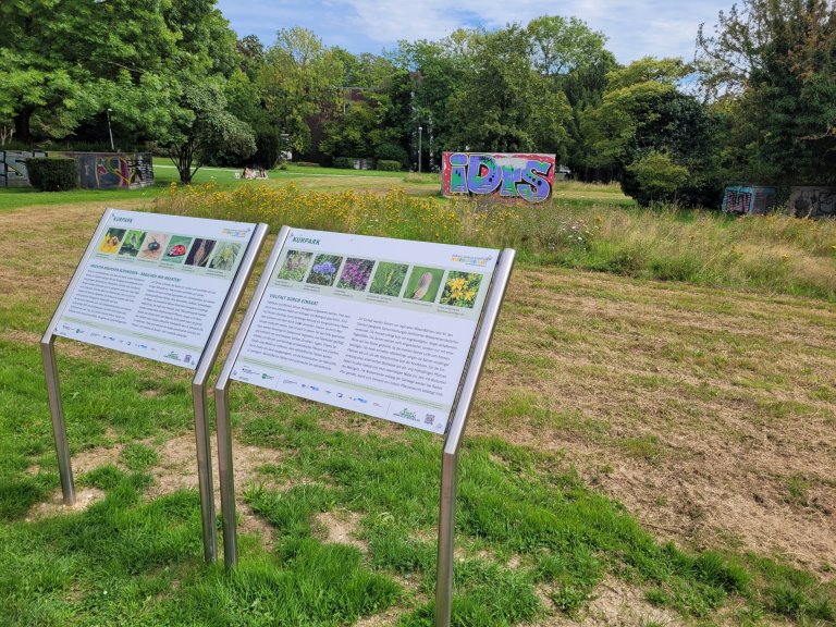 Information board in front of a meadow