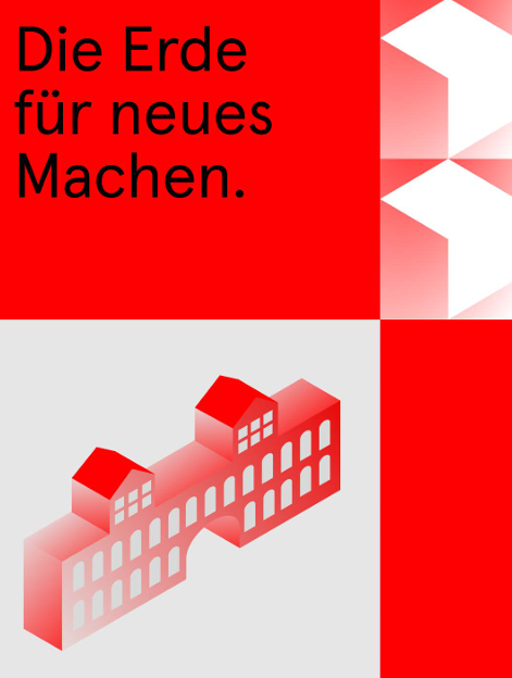 A red-and-white poster with the slogan "The Earth for New Beginnings."