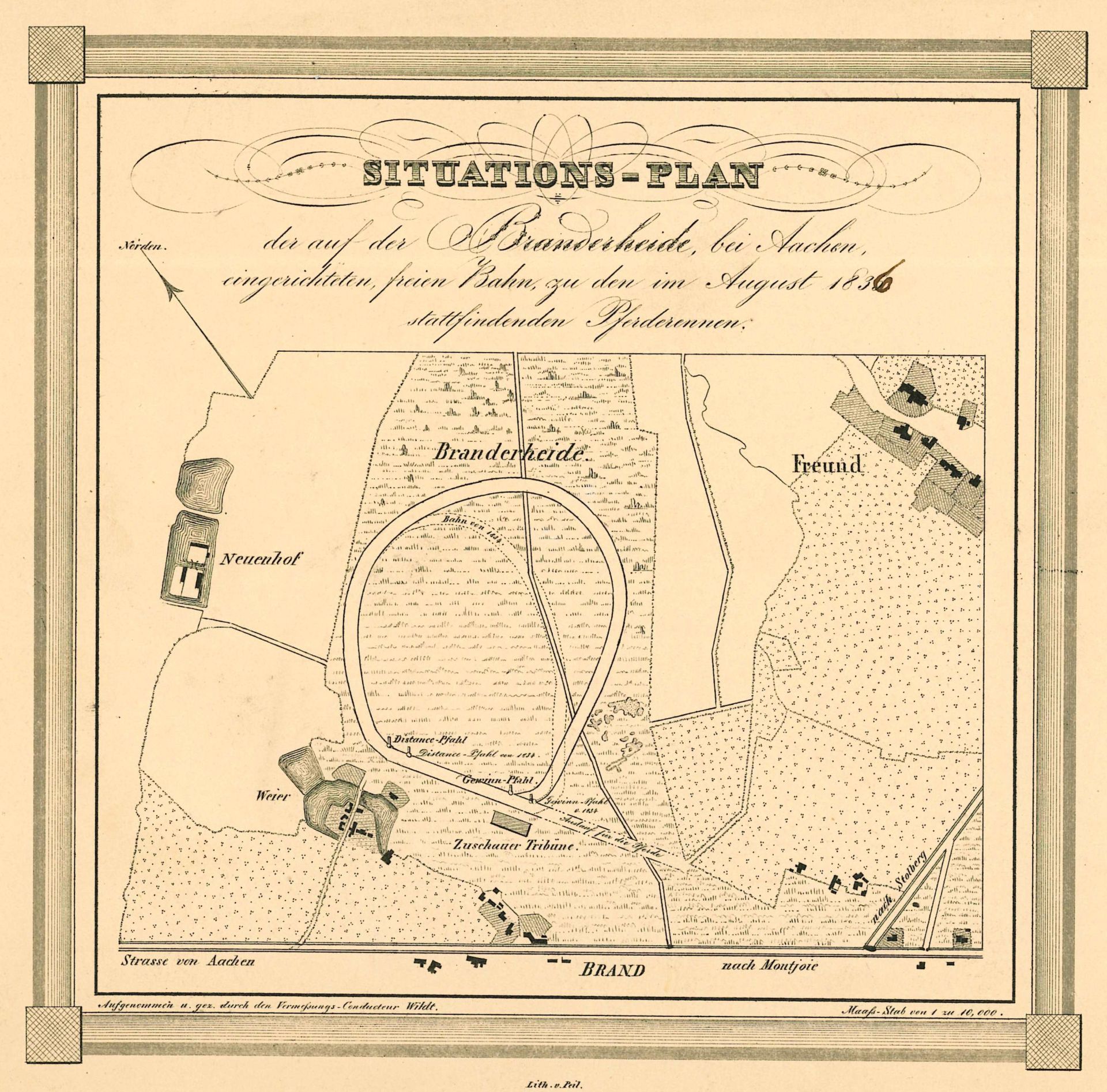 A hand-drawn site plan of a horse racing track at Branderheide in Aachen.